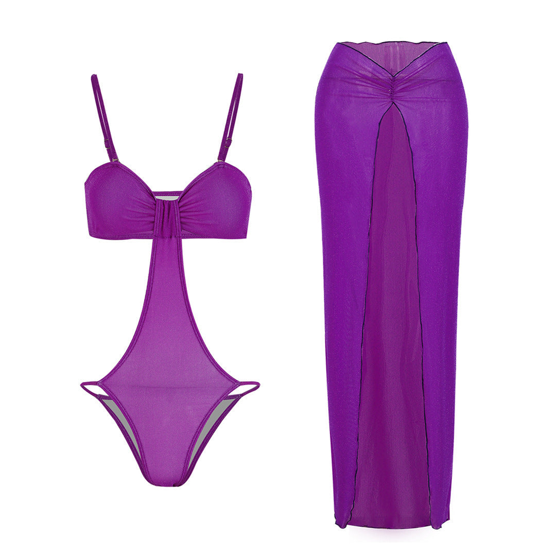 Einfarbiger Rippstoff-Bikini-Einteiler mit Rock zweiteiliges Set Bademode Damen