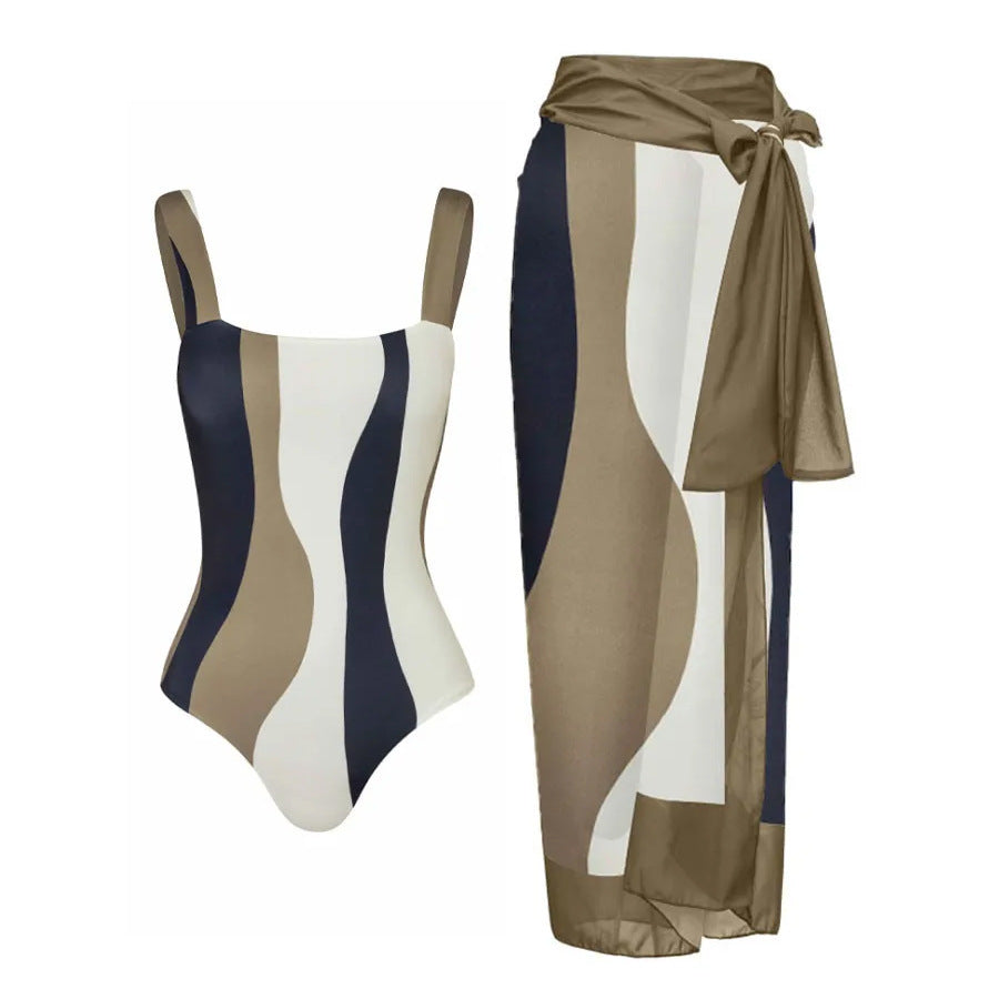 Maillot de bain bikini une pièce pour femme, conservateur, avec jupe en gaze de protection solaire, idéal pour les vacances à la mer ou pour le printemps.