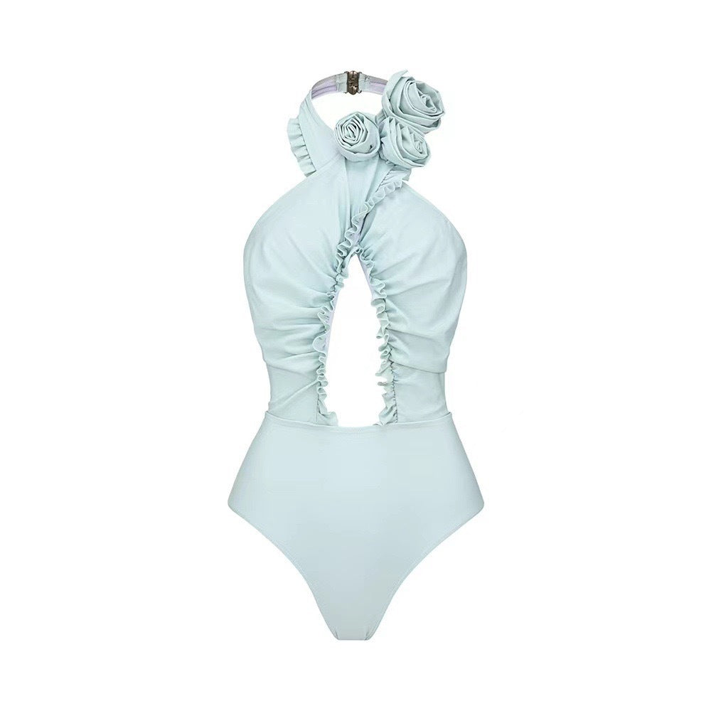 Lonkey Französischer Zweiteiler-Damen-Badeanzug, einfarbig, mit Rüschen, gekreuzt, Cut-Out, Damen-Badeanzug