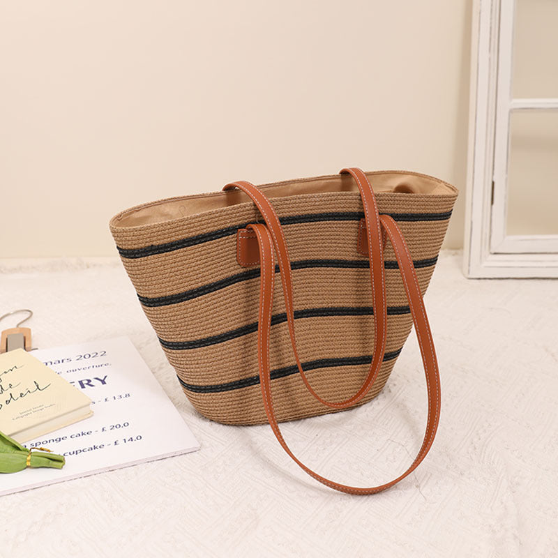 Sac en paille à rayures pour femme, sac tressé d'été grande capacité décontracté, sac tressé en rotin pour la plage en bord de mer