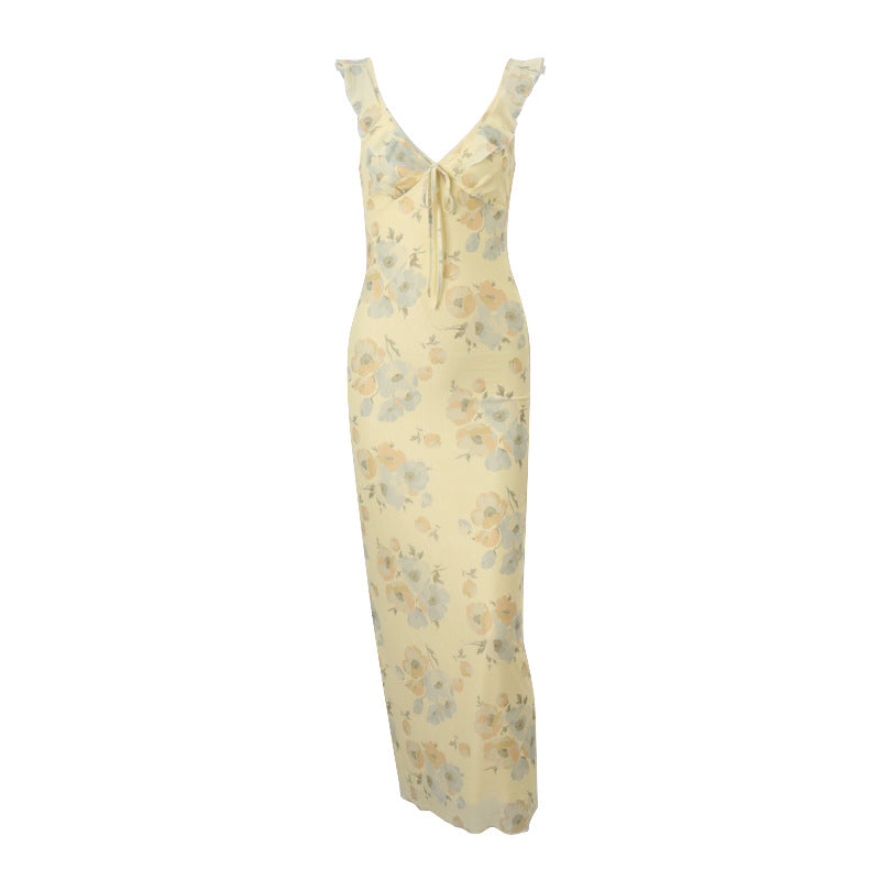 Robe d'été sexy pour femme, décolletée, imprimé rétro, coupe ajustée à fines bretelles