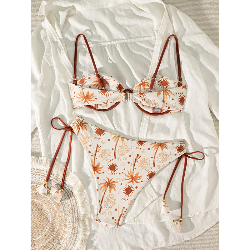 Maillot de bain fendu imprimé noix de coco pour femme, bikini sexy à lacets pour la plage et le printemps