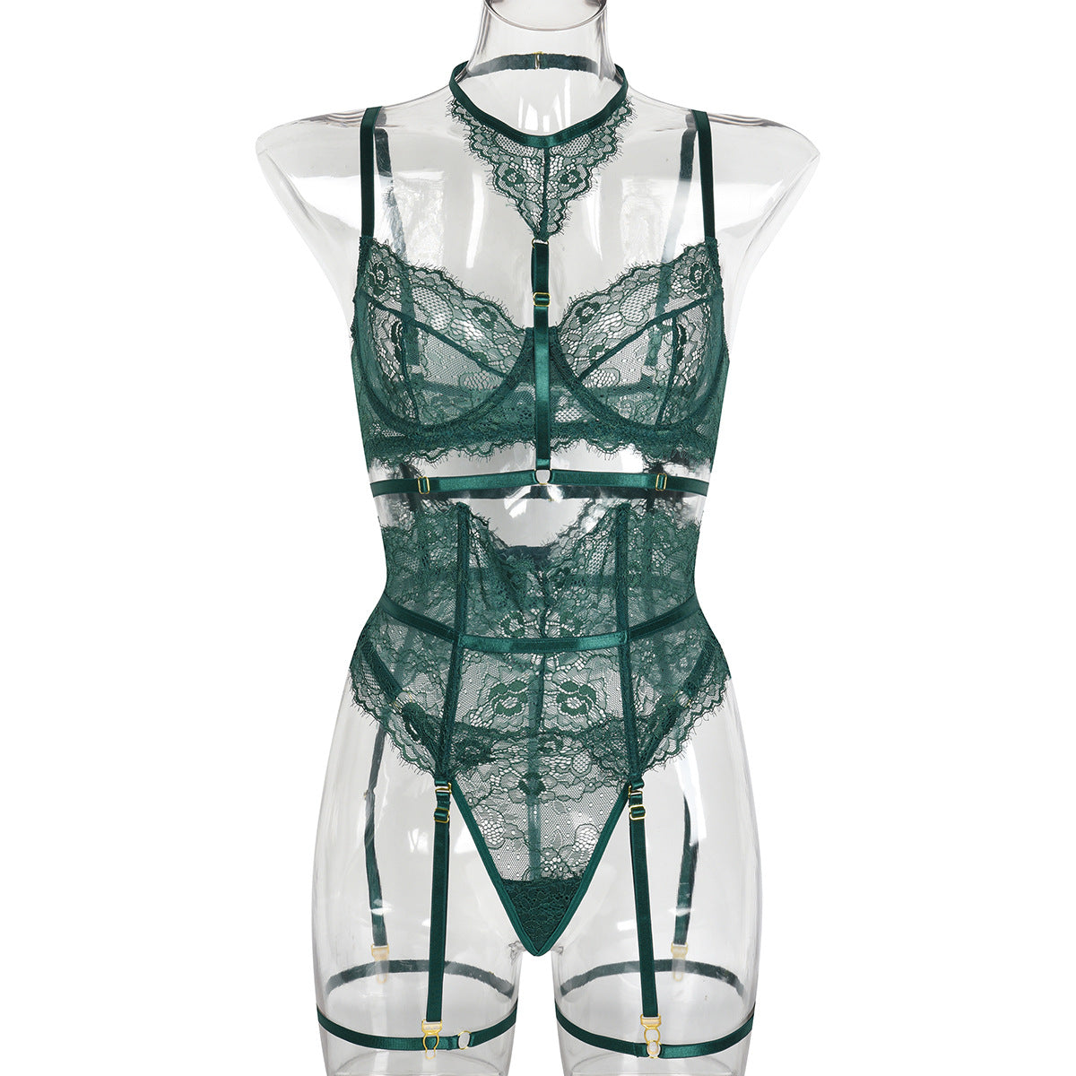 Sexy dreiteiliges Sommer-Set mit Wimpernspitze, Nähten und Halter-Fußring