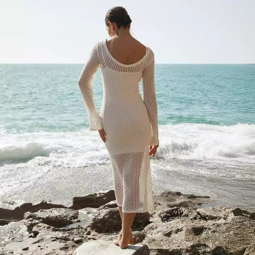 Sommer Strandkleid Sexy Cutout Transparent Sonnenschutz am Meer Strandkleid Gestricktes Kleid