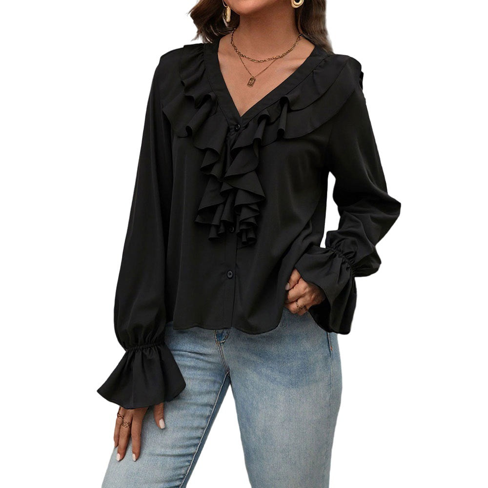 Chemisier Élégant à Volants Col en V pour Femme, Collection Automne