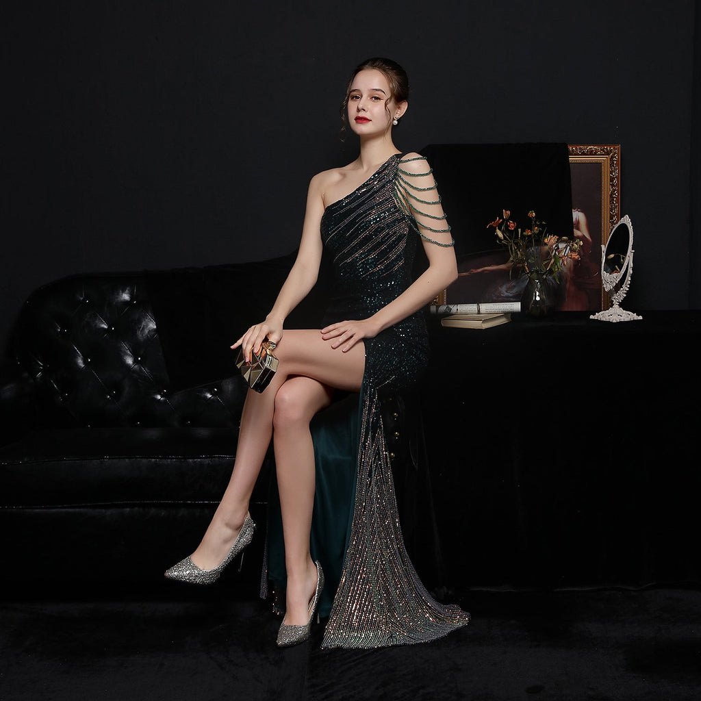 Farbenfrohes Pailletten-Kleid für gesellschaftliche Anlässe, Party, Abendkleid, sexy, lang, schlankmachend, Toastkleid, Braut, formelles Ballkleid