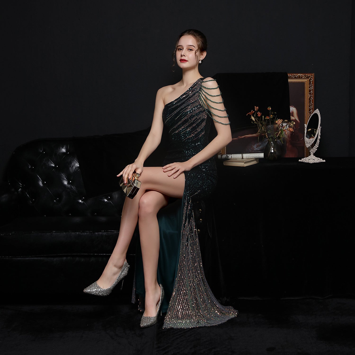 Farbenfrohes Pailletten-Kleid für gesellschaftliche Anlässe, Party, Abendkleid, sexy, lang, schlankmachend, Toastkleid, Braut, formelles Ballkleid