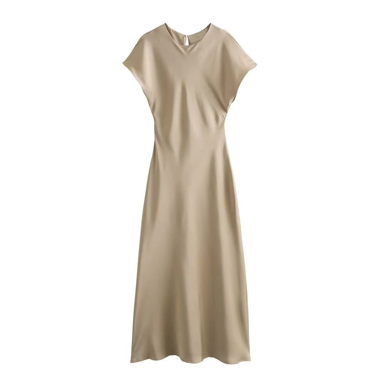 Satin-Kleid Ärmelloses Satin-Kleid Legeres einfarbiges V-Ausschnitt Seidensatin-Midikleid