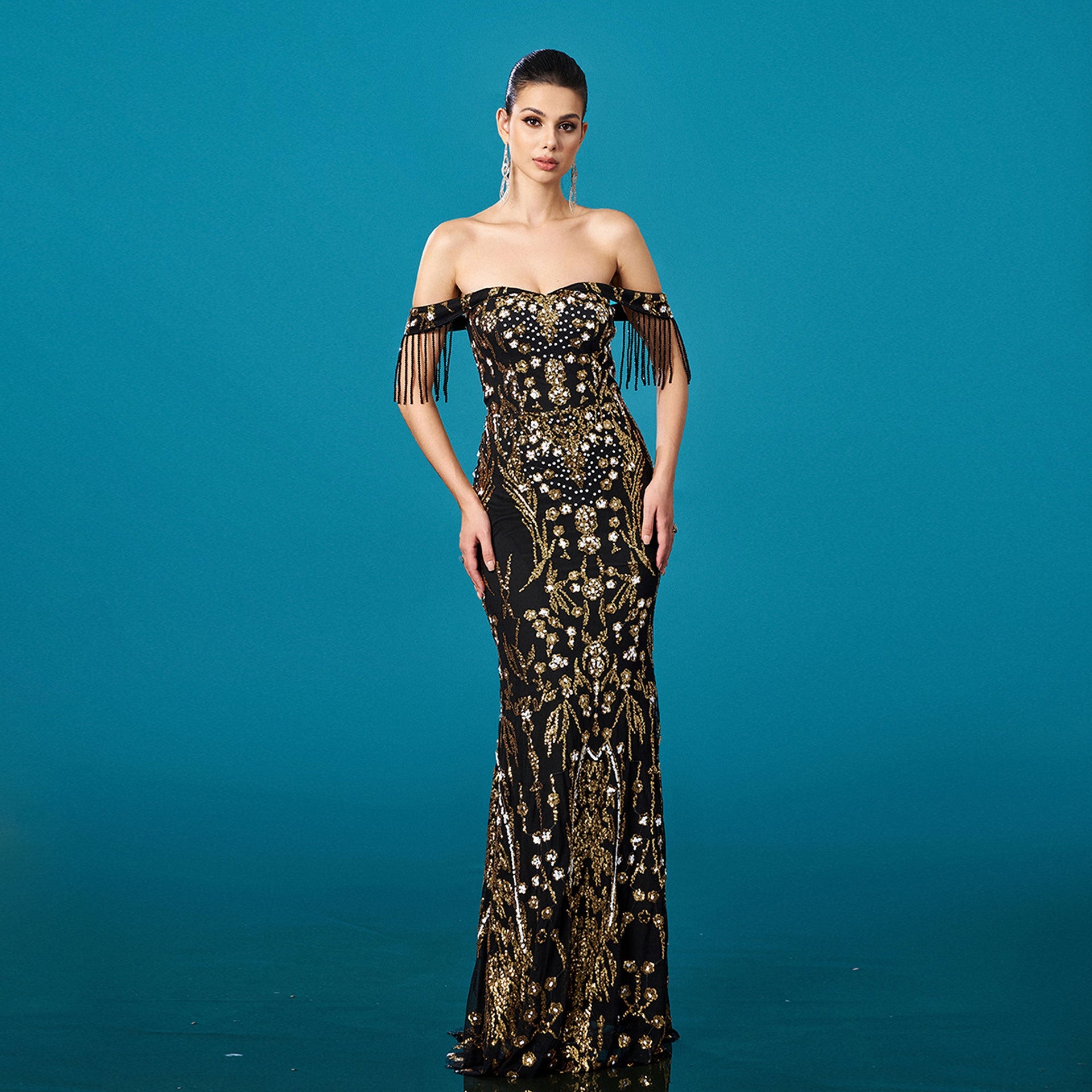 Vêtements Féminins Robe de Soirée Fourreau Cocktail Haut de Gamme à Paillettes et Gland, Décolleté Dégagé