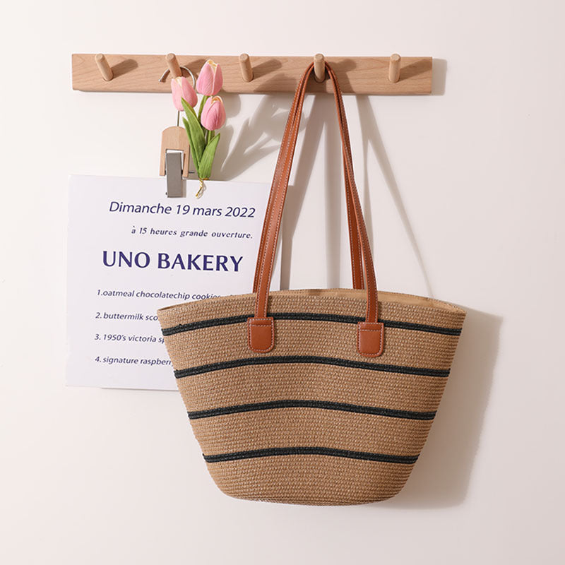 Sac en paille à rayures pour femme, sac tressé d'été grande capacité décontracté, sac tressé en rotin pour la plage en bord de mer