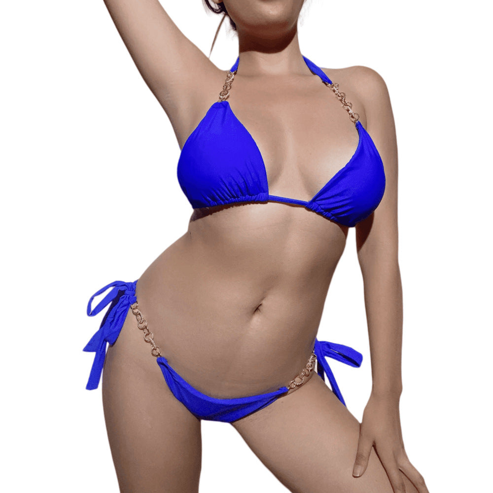 Sexy Metallkette Zweiteiliger Badeanzug Einfarbiger Badeanzug Frauen Hochwertiger Bikini