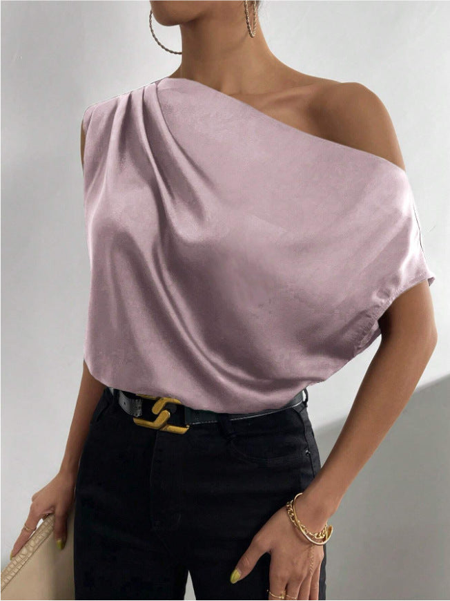 Frühling Einfarbig Satin Kunstseide Irregulär Asymmetrisch Schulterfrei Pullover Ärmelloses Hemd Damen Kleidung