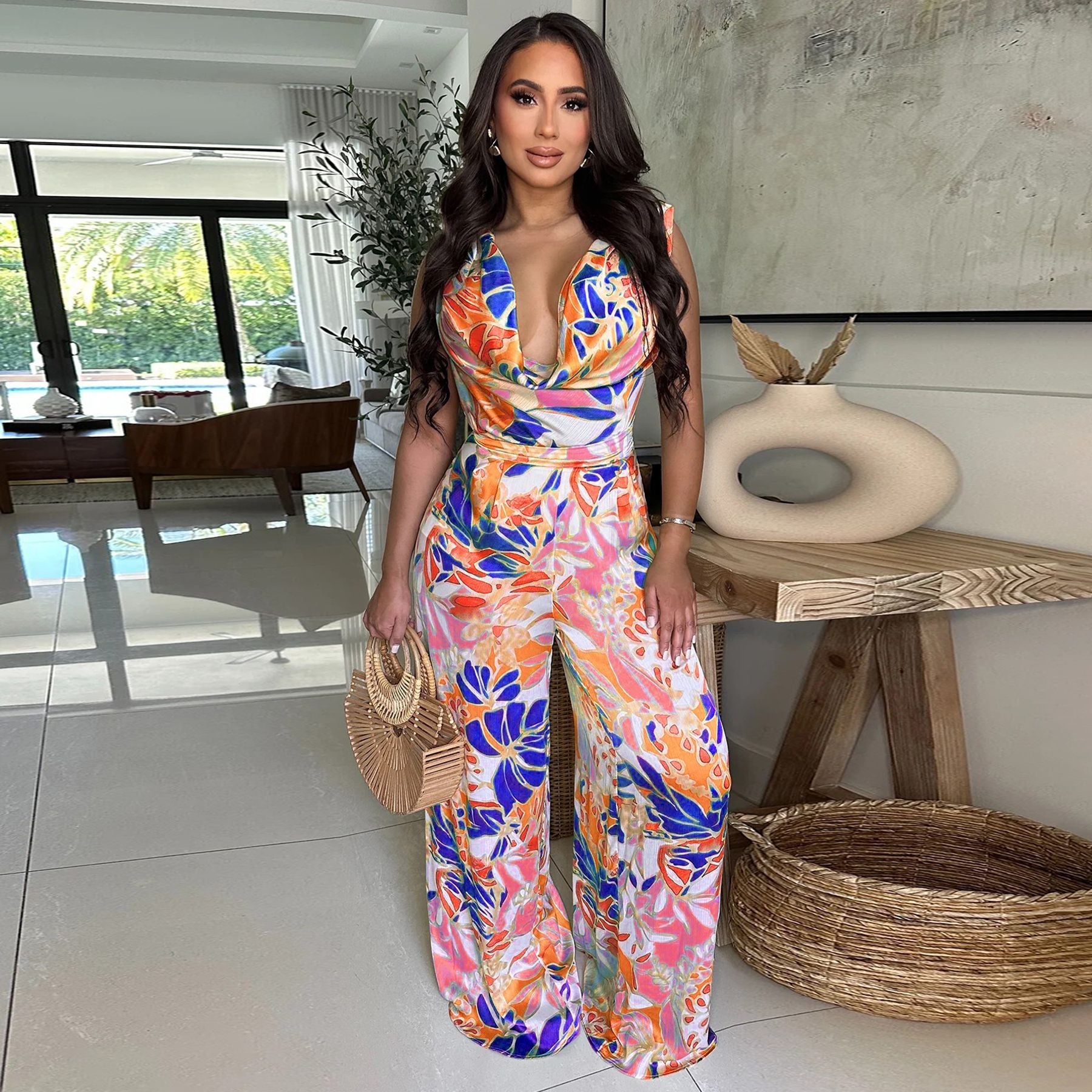 Damen Ärmelloser Jumpsuit mit Schnürung, weitem Bein und Print
