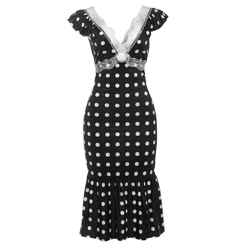 Vêtements pour femmes Automne Élégance Rétro Col en V Coupe ajustée Sexy Robe dos nu en dentelle à pois Femmes