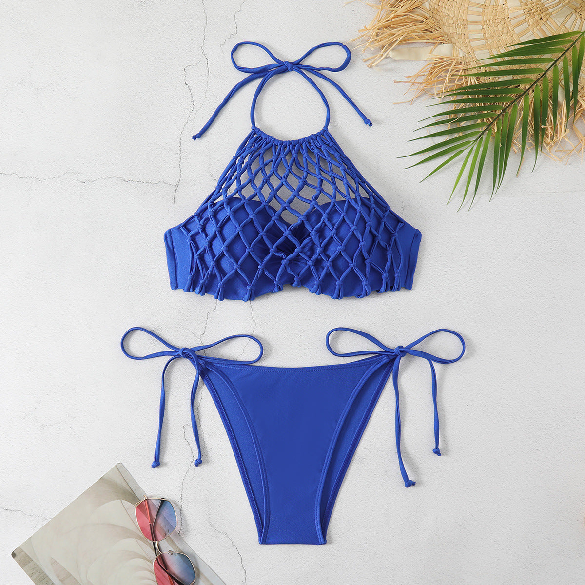 Maillot de bain bikini sexy taille basse uni en maille évidée