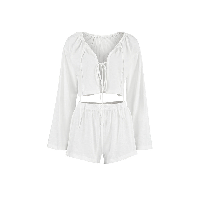 Frühling Weiß Reine Baumwolle Strickjacke Schnürung Damen Homewear Lässig Langarm Shorts Schlafanzug Zweiteiler Set