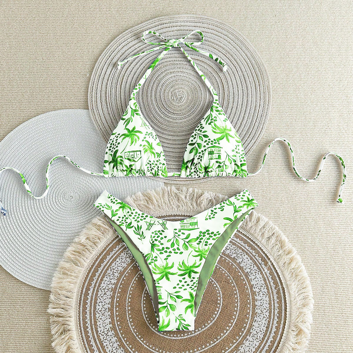 Split Bikini Sexy Damen Fission Bikini Tropische Blätter bedruckter Badeanzug