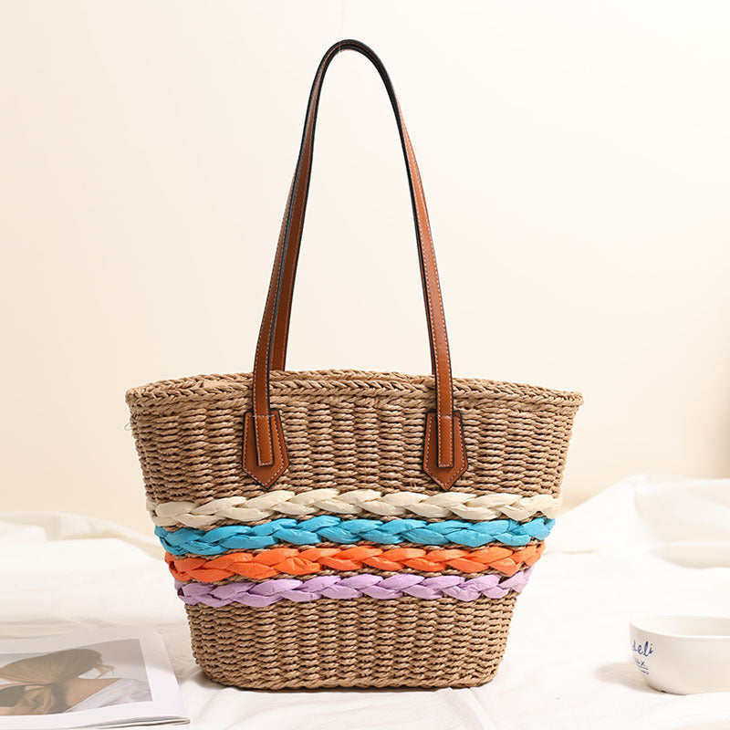 Bohemian One Shoulder Strohtasche Regenbogenstreifen Korbtasche Urlaubs-Strandtasche Damen Tasche