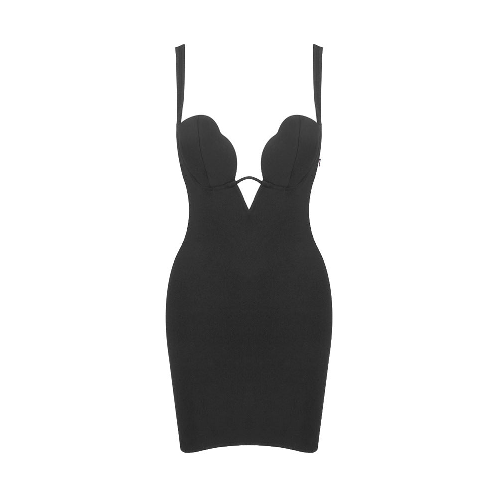 Sexy V-Ausschnitt Träger Reißverschluss Gabelung Saum Kleid Nachtclub Schwarz Französisches Kleid