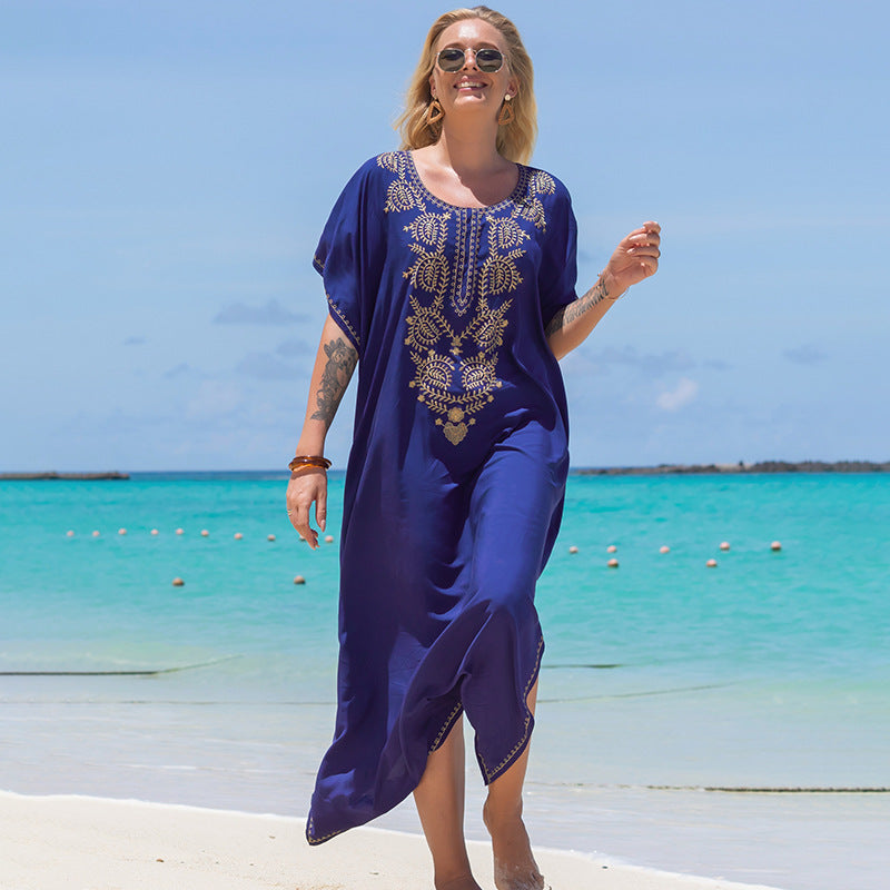Robe de vacances brodée bleue, robe de plage ample pour la mer, vêtements de protection solaire, chemisier de maillot de bain bikini