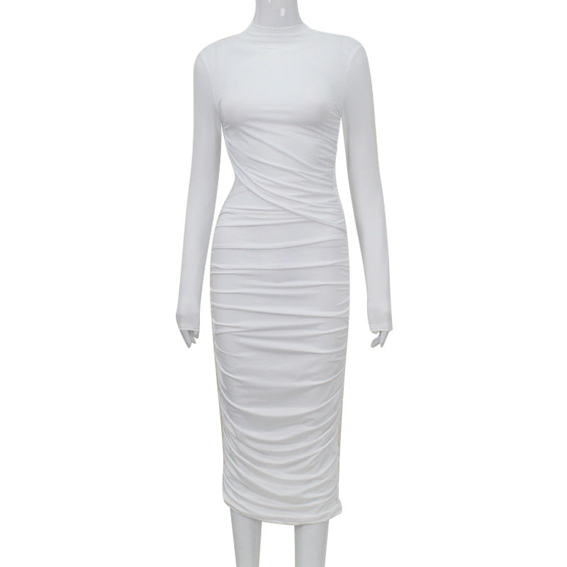Robe fourreau élégante, cintrée, plissée, découpée, à manches longues, col rond, automne, pour femme