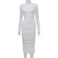 Robe fourreau élégante, cintrée, plissée, découpée, à manches longues, col rond, automne, pour femme