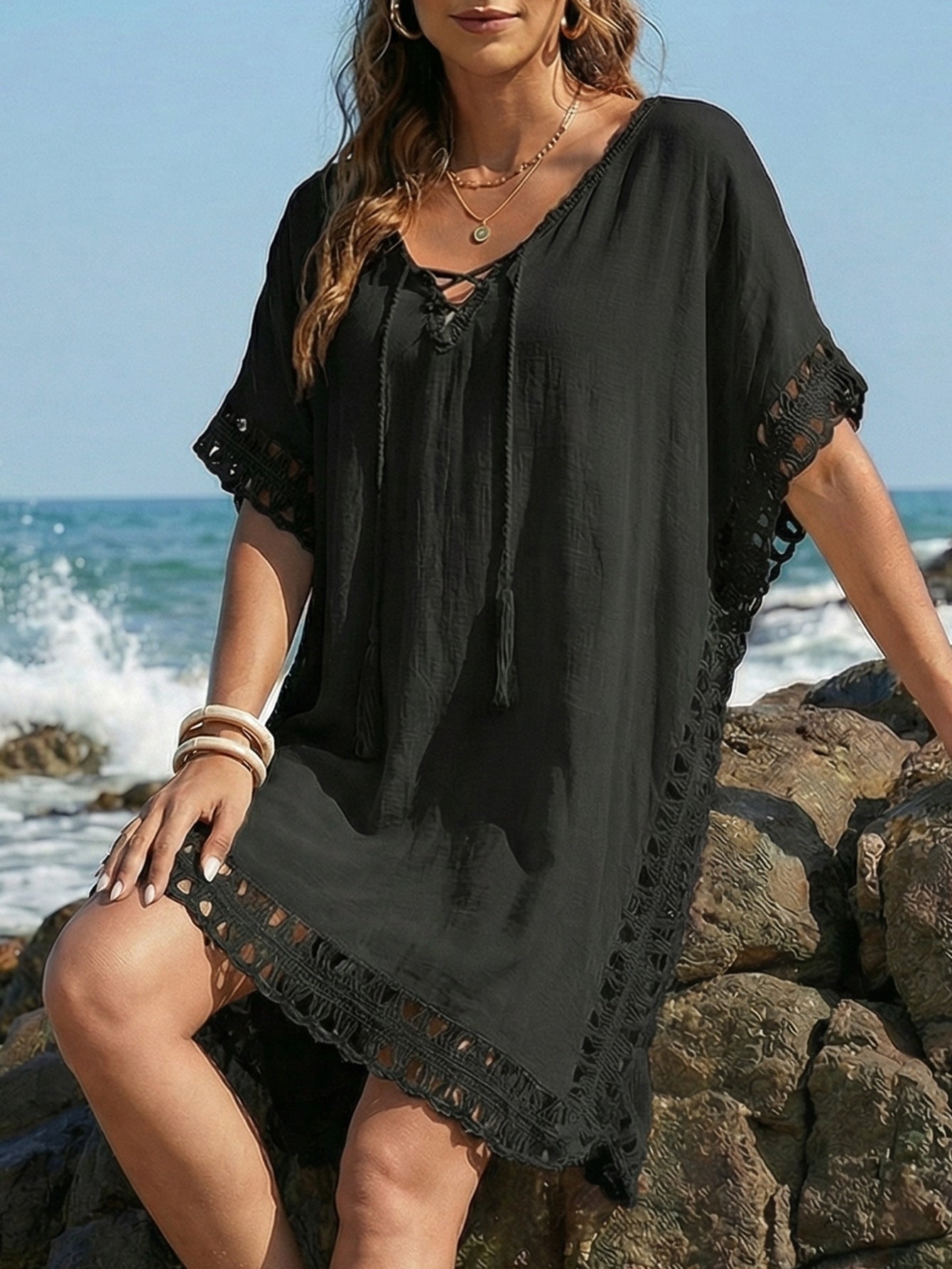 Damenkleid Damenbekleidung Handhäkelarbeit Nähen Gebunden Lockerer Strand Strandüberwurf