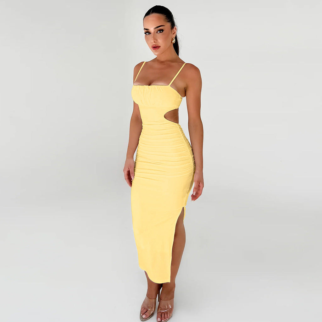Robe camisole femme sexy dos nu à volants fendue sur le côté maxi