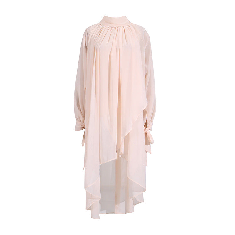Simple Haut Femmes Automne Confort Décontracté Bureau Col Roulé Manches Longues Plissé Couleur Unie Chemise
