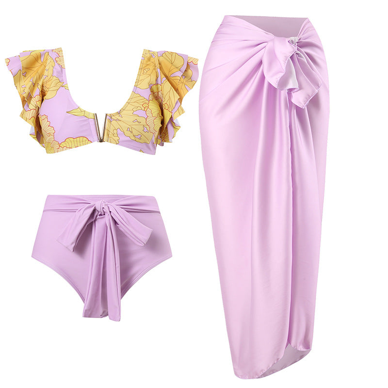 Französischer Retro-Einteiler Badeanzug für Damen, Frühlings-Urlaub Strandkleid, Dreiteiliger Bikini