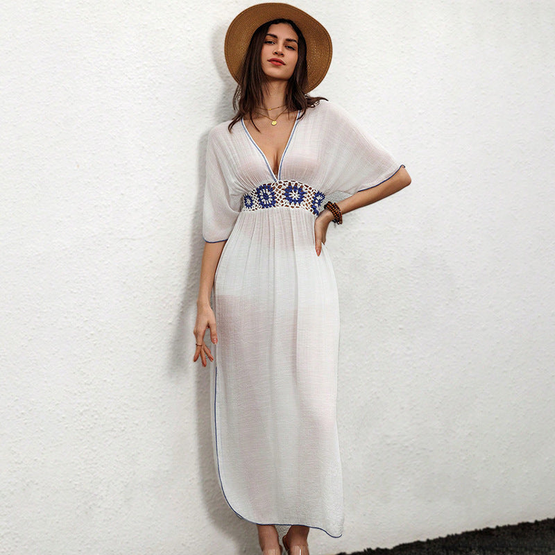 Sommerliches einfarbiges Kleid, gestrickt, bestickt, Urlaub, Strand, Sonnenschutz, Damen