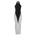 Robe fourreau moulante plissée à col licou et dos nu contrastant pour femme