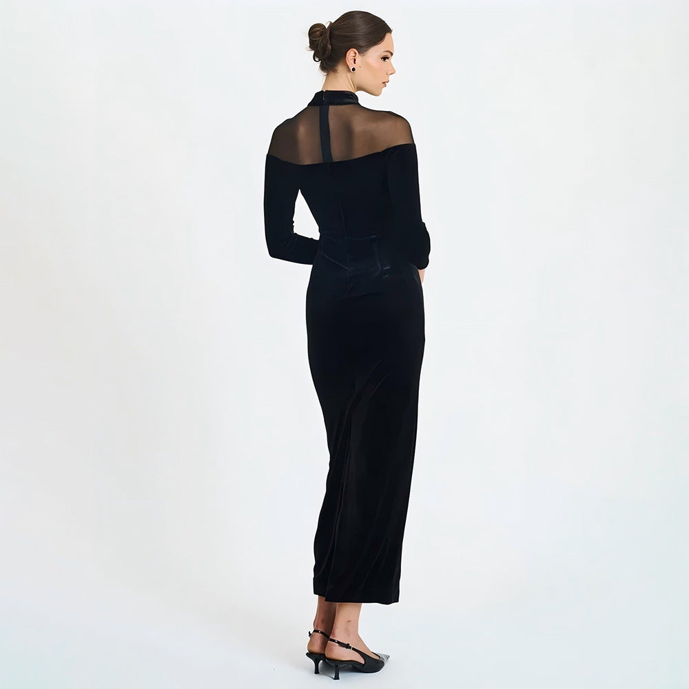 Robe Transparente à Coutures en Voile Automne Hiver Robe Moulante Sexy Unie