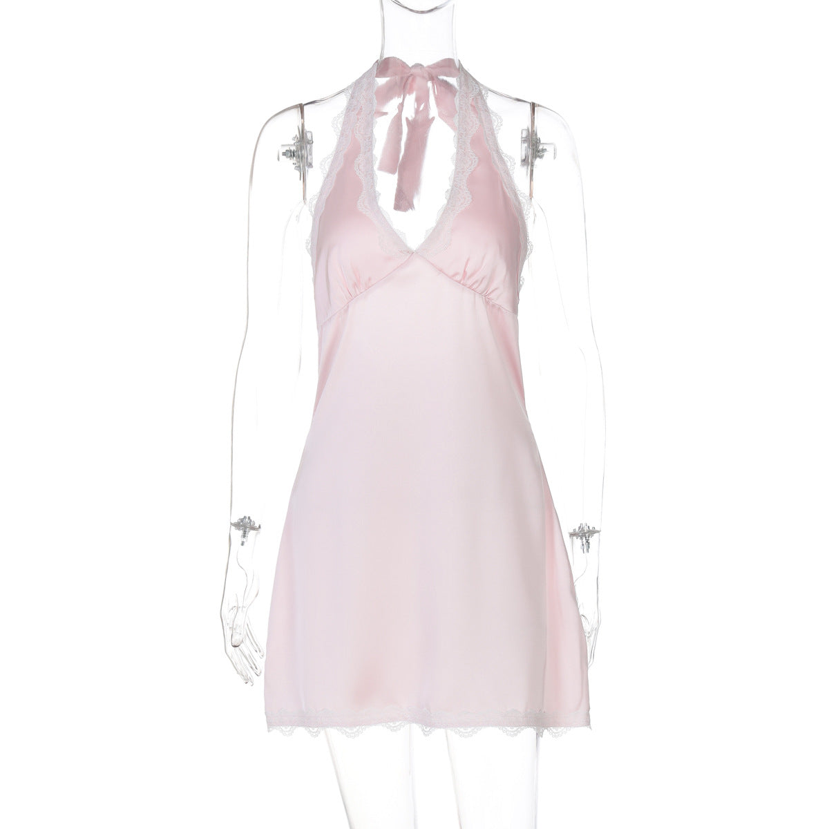 Französische modische Damenbekleidung Sexy Hohl Cutout Rückenfreies Tiefes V-Dekolleté Nahtspitzenbesatz Kurzes Neckholderkleid