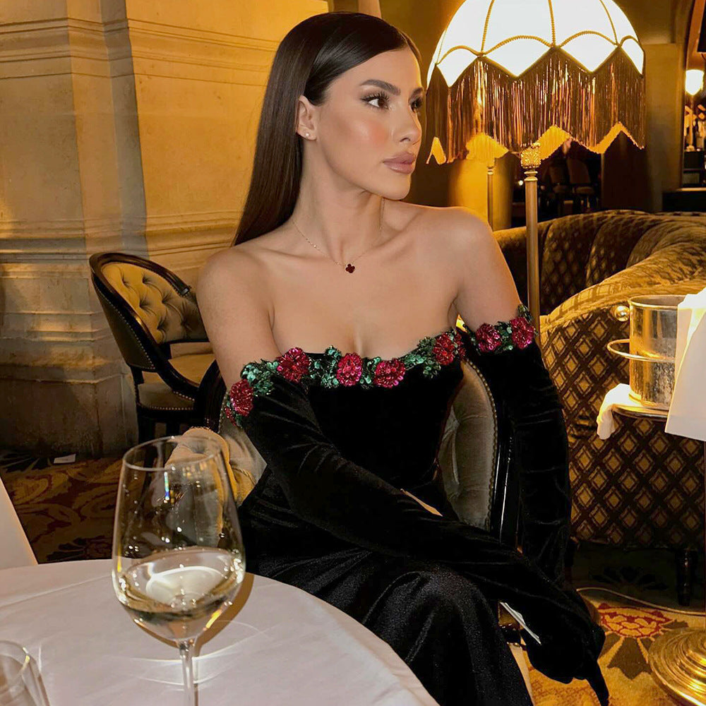 Frühling Sommer Blumen Pailletten Spitze Verzierung Samtkleid Damenbekleidung Kleid mit Handschuhen