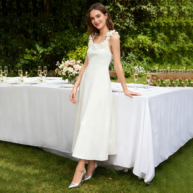 Robe Longue en Dentelle à Bretelles Florales Tricotées, Robe Trapèze Élégante pour Femmes, Style Décontracté, Robe de Soirée, Printemps-Été