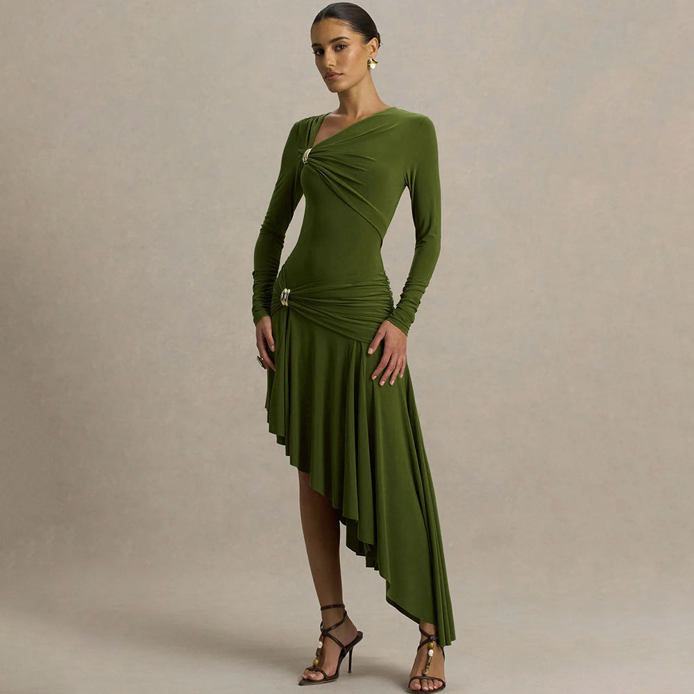 Robe longue asymétrique plissée élégante et sexy pour femme - Collection Automne/Hiver