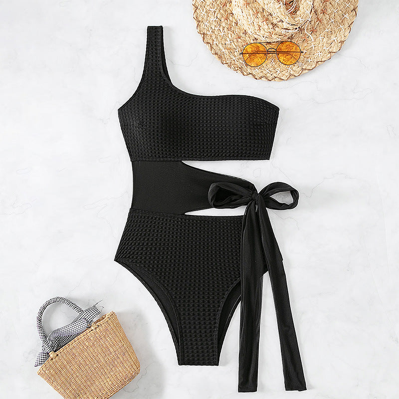 Solid Color Sexy off Shoulder One Piece Swimsuit Women Beach Bikini Spring Swimsuit