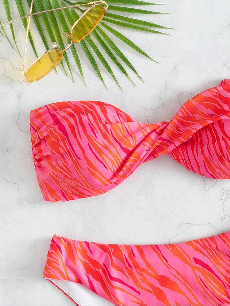 Maillot de Bain Bikini Bandeau Imprimé Sexy Dos Nu Deux Pièces Maillot de Bain Fendu