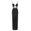 Robe longue noire en maille moulante pour femme, bretelles croisées, amincissante, idéale pour le quotidien, un rendez-vous ou un cocktail.