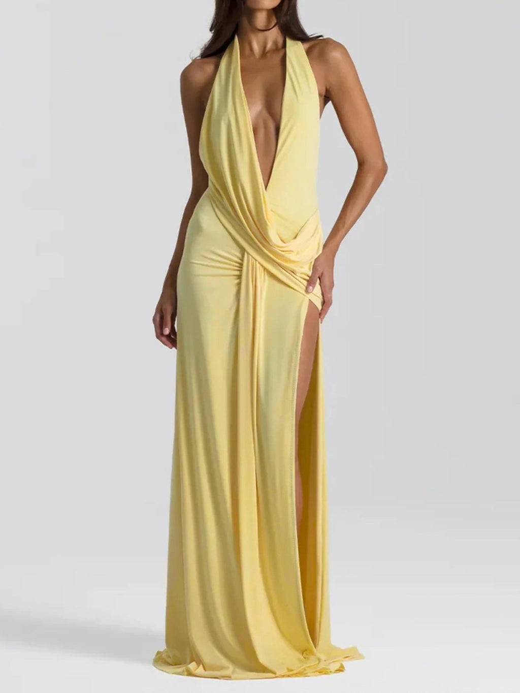 Robe longue sexy pour femme avec décolleté en V plongeant, dos nu et lacets, et volants