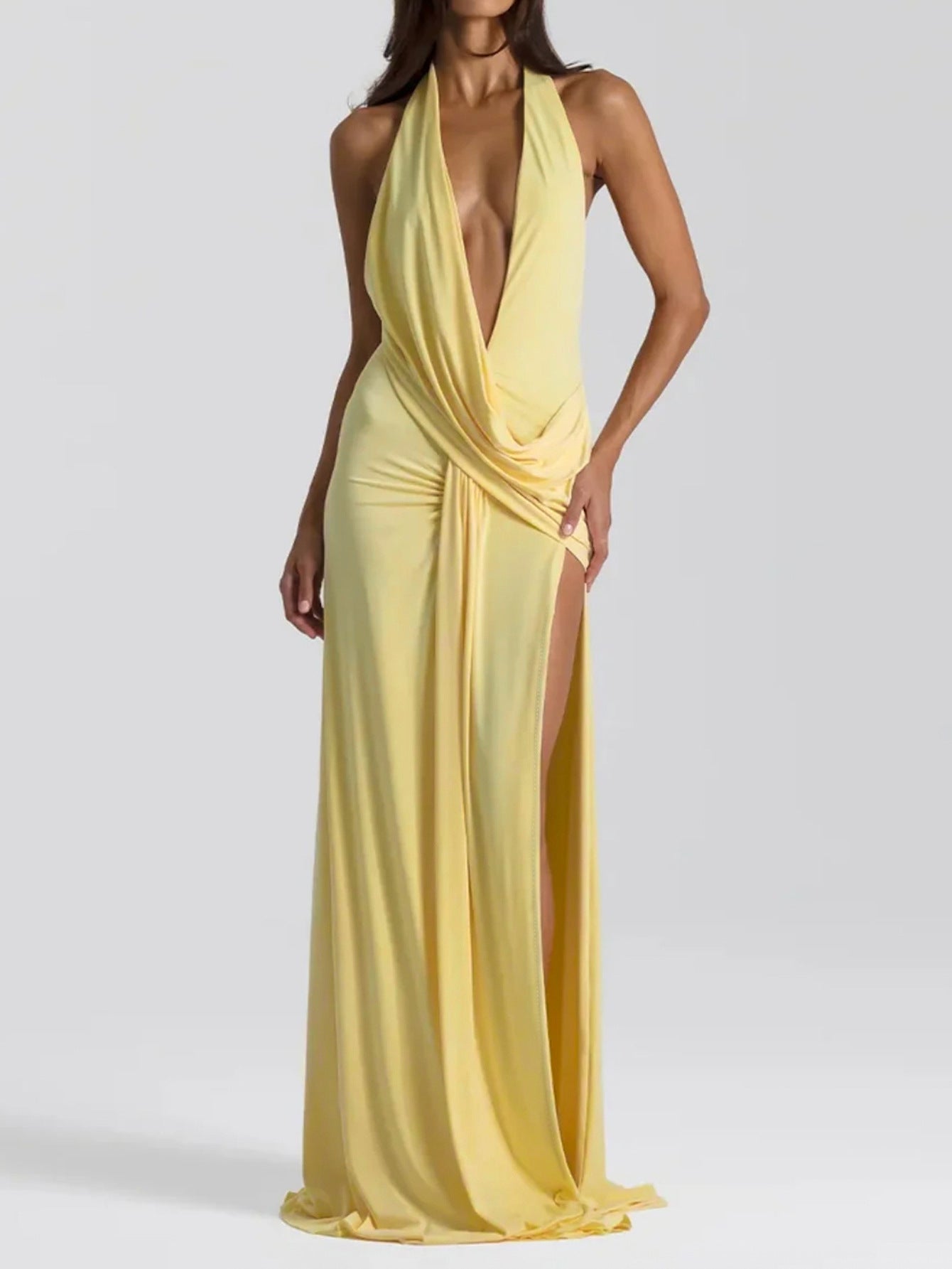 Robe longue sexy pour femme avec décolleté en V plongeant, dos nu et lacets, et volants