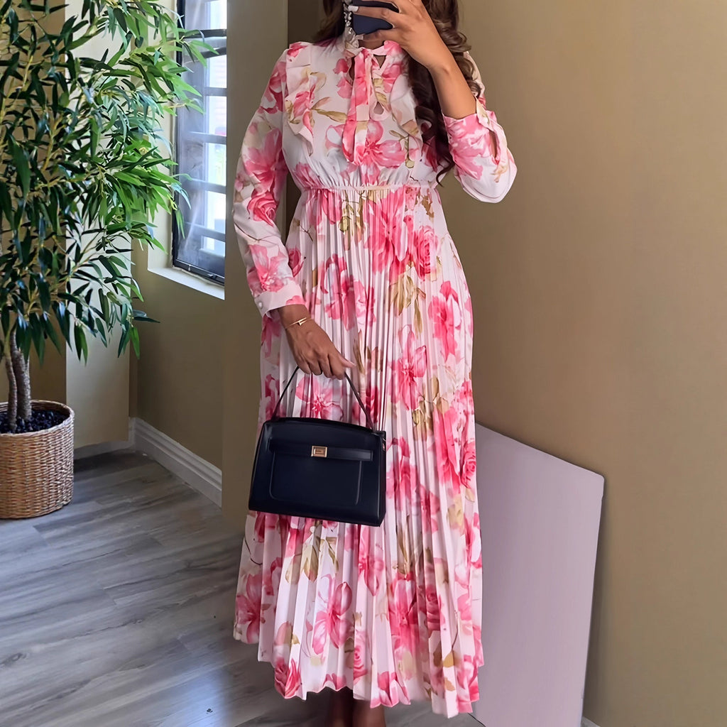 Elegantes Damenkleid für den Urlaub, tailliert, mit Print, langen Ärmeln und Falten, A-Linie