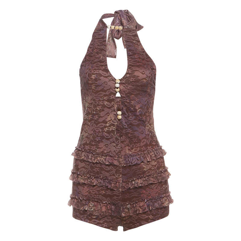 Sommer Damen Sexy Neckholder Rückenfreier Hohl Cut-Out Jumpsuit