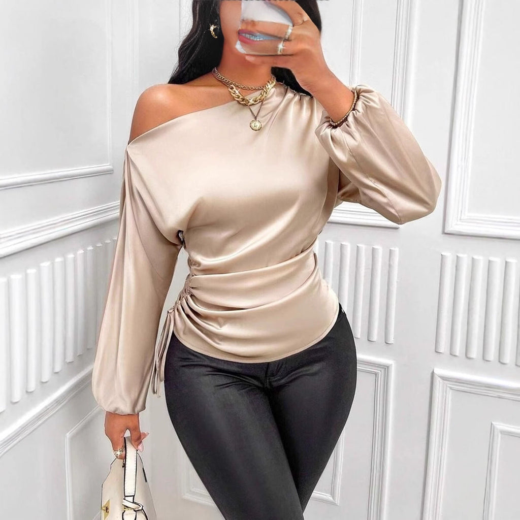 Damen Kleidung Satinhemd Herbst Winter Asymmetrisches Langarm-Oberteil mit diagonalem Kragen