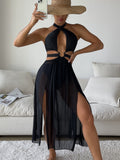 Badeanzug Einfarbig Sexy Cutout Bikini Strand Netz Maxi Kleid Badeanzug Damen