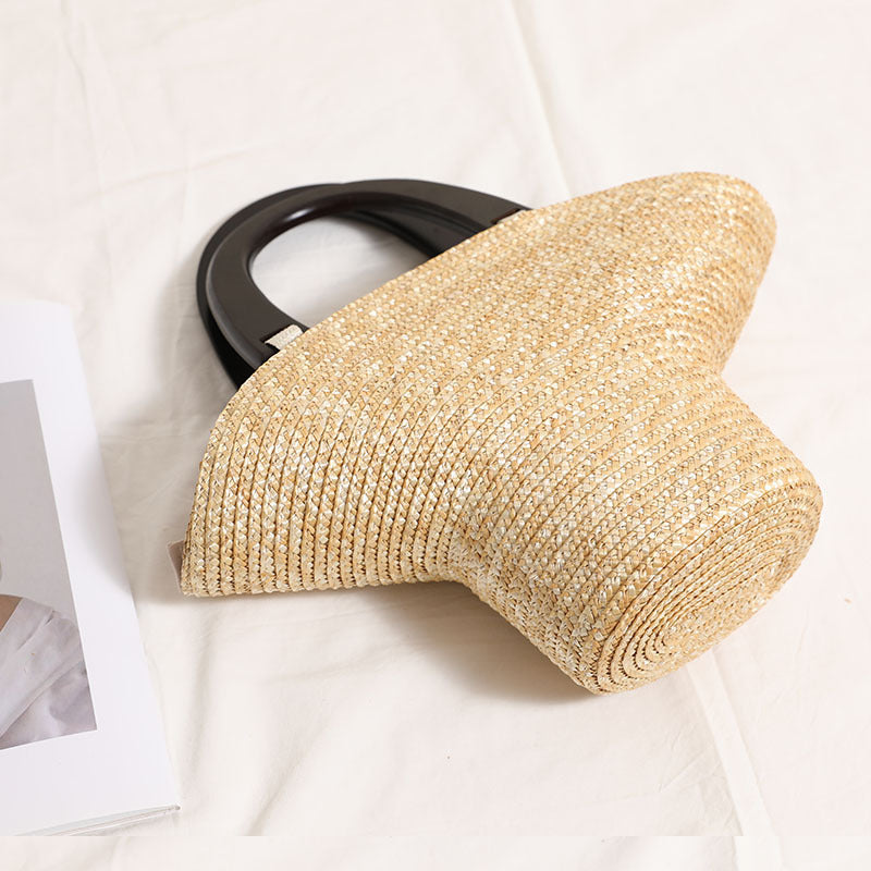 Sac en bois portable Chapeau en paille Sac en paille frais Sac tissé Sac de plage de vacances Sac pour femme