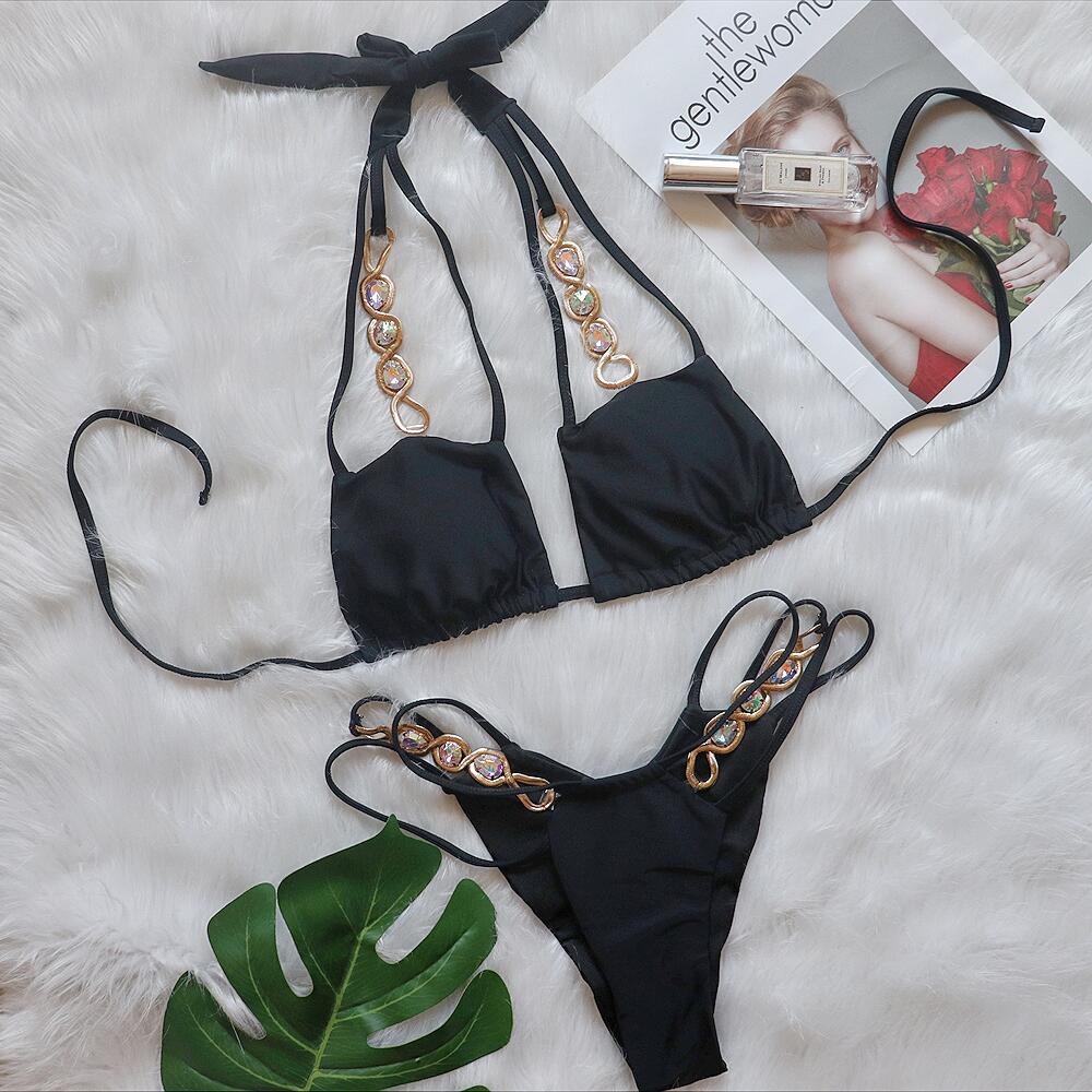 Maillot de bain bikini sexy avec coussinets amovibles, diamants en cristal, bandage, ajouré, taille haute, deux pièces.