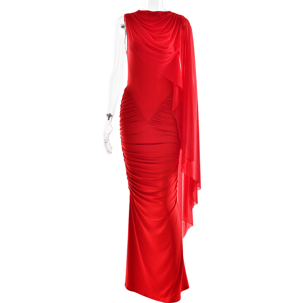 Modisches plissiertes Netz-Schal-Kleid, sexy Etui-Rundhals-Kleid, figurbetont