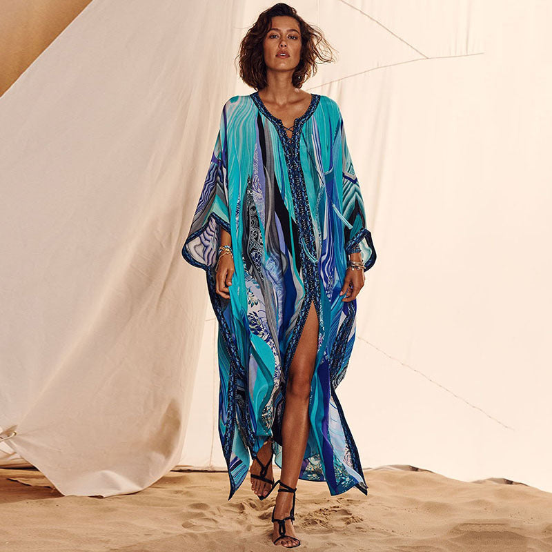 Chemise de plage extensible à quatre côtés motif bleu, robe de vacances, maillot de bain, chemisier, chemise de protection solaire pour femmes